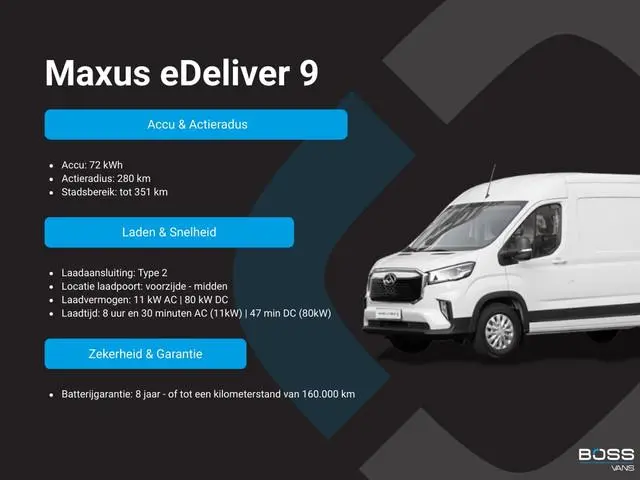 Maxus eDeliver 9 L2H2 72kWh 280km Stads-WLTP Snelladen LED Carplay Cruise control Camera Airco Parke...